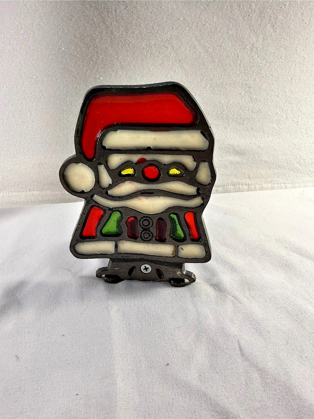 Vintage Cast Iron Stained Glass Santa Claus Votive Candle Holder Decor